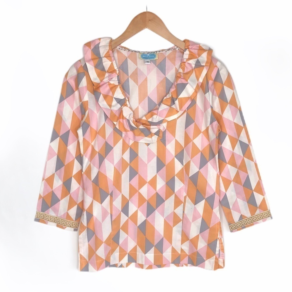 Devon Baer diamond print ruffle blouse top v-neck tunic pink orange triangle XS